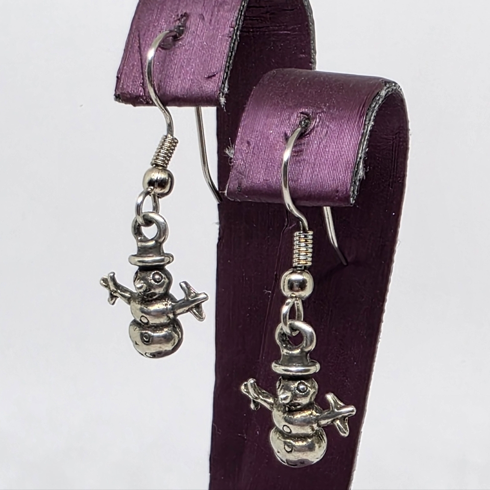 Vintage Handmade Sterling Silver Snowman Snowmen Dangle Drop Earrings
